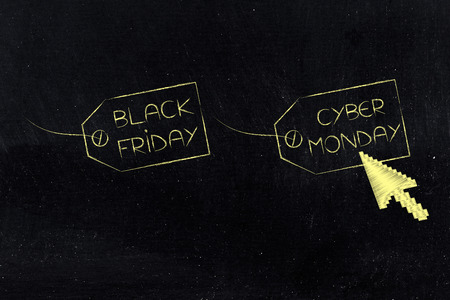 cyber monday and black friday promotions: price tags with text and cursor clicking on oneの写真素材