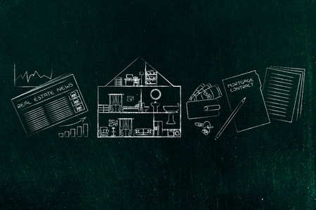 real estate market concept: house with interior view surrounded by newspaper with stats, contract and walletの写真素材