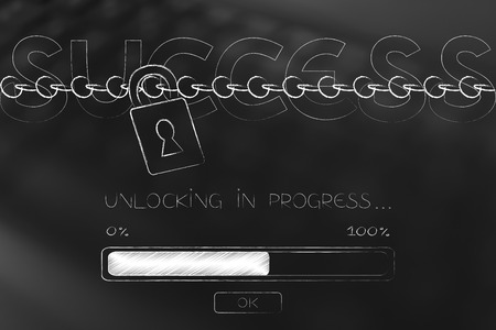 unlocking success concept: text with lock and chain and progress bar loading