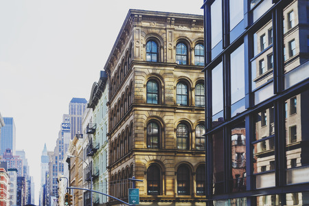 NEW YORK, NEW YORK - September 4th, 2017: Architecture and beautiful buildings along Broadway in Manhattan New York on a sunny late summer dayのeditorial素材