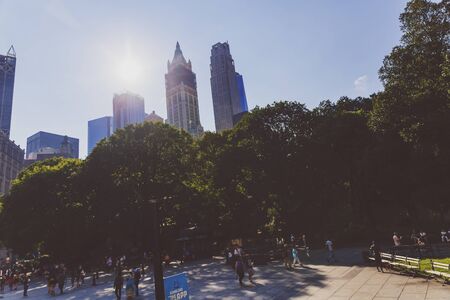 NEW YORK, NEW YORK - September 4th, 2017: Architecture and beautiful buildings in the Manhattan City Hall area in New York on a sunny late summer day (with unidentified people)のeditorial素材