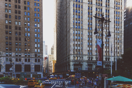 NEW YORK, NEW YORK - September 4th, 2017: Architecture and beautiful buildings along the streets of Manhattan New York in the City Hall area near Brooklyn Bridge on a sunny late summer dayのeditorial素材