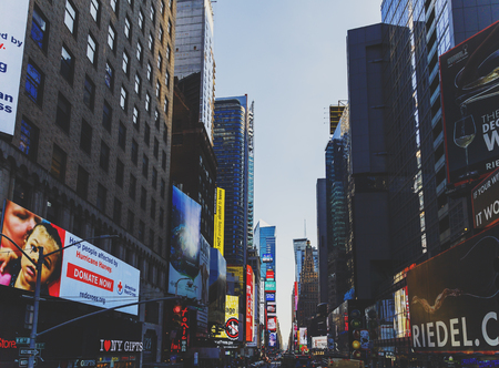 NEW YORK, NEW YORK - September 4th, 2017: detail of busy Times Square in Manhattan, Nyc with plenty of billboards and tourists (unidentified people)のeditorial素材