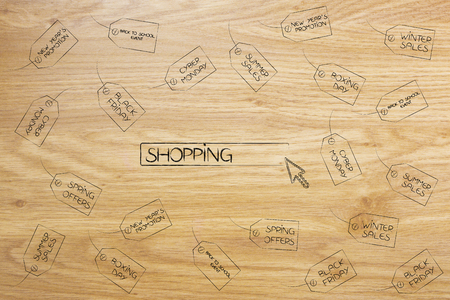 Shopping website button with cursor surrounded by price tags with seasonal and promotional sale eventsの写真素材