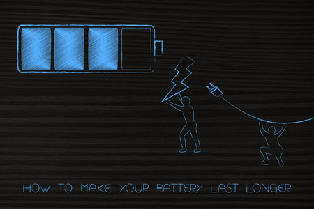 how to make your battery last longer conceptual illustration: icon with men holding bolt and plug towards itの写真素材
