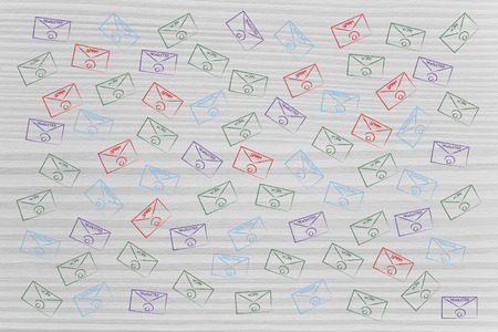organise your inbox conceptual illustration: group of email envelopes in different colors with labels per each category from work and newsletters to personal and spamの写真素材