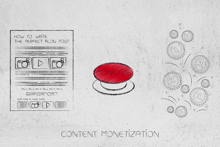 monetize your digital content: website and coins with red buttonの写真素材
