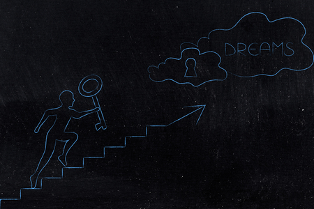achievements and effort conceptual illustration: man with key running up a set of stairs towards a cloud with lock and Success textの写真素材
