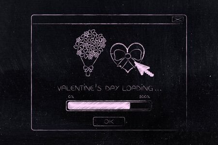 valentines day loading concept: flowers and chocolates on pop-up message with progress barの写真素材