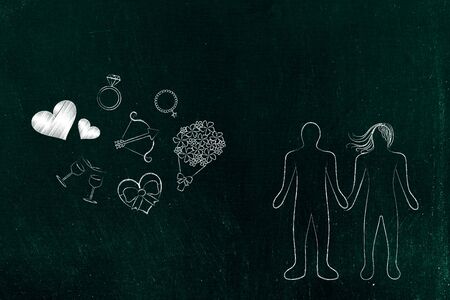 love and relationships conceptual illustration: couple holding hands next to romance iconsの写真素材