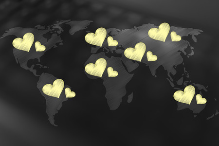 long distance relationship concept: world map covered in loveharts across different countriesの写真素材