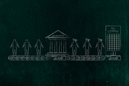 from school to employment conceptual illustration: production line with university turning people into graduates and directing them to a companyの写真素材