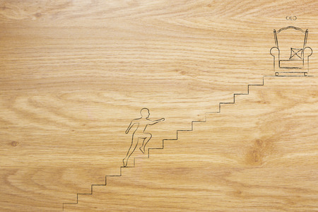 no elevator to success metaphor illustration: stairs to Ceo position with man running towards itの写真素材