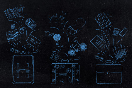 school, holiday or work: backpack with educational items next to luggage with fun-related icons and bag with office objectsの写真素材