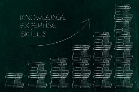 improve your knowledge conceptual illustration: piles of books with expertise caption and arrow going upの写真素材