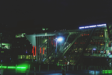 DUBLIN, IRELAND - December 9th, 2017: The Bord Gais Theatre and surrounding are with green and red...