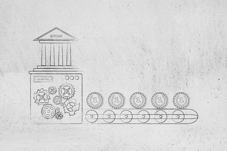 Currency conceptual illustration: bank with factory machine producing coinsの写真素材