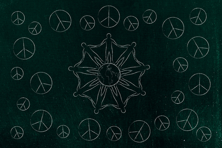 world peace and solidarity conceptual illustration: people holding hands around the world and peace symbols all around themの写真素材