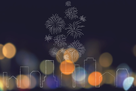 party and celebrations conceptual illustration: urban skyline with fireworks exploding above itの写真素材
