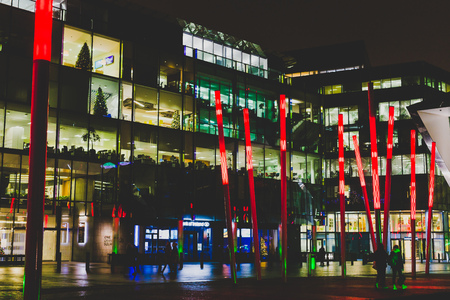 DUBLIN, IRELAND - December 20th, 2017: Grand Canal Square by night in the renovated Docklands areaのeditorial素材