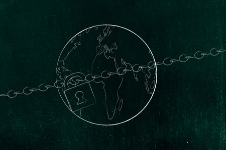 social issues and justice concept: world map with lock and chain in front of itの写真素材