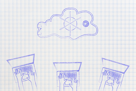 internet and data security concept: group of laptop users with safe-lock cloud above themの写真素材