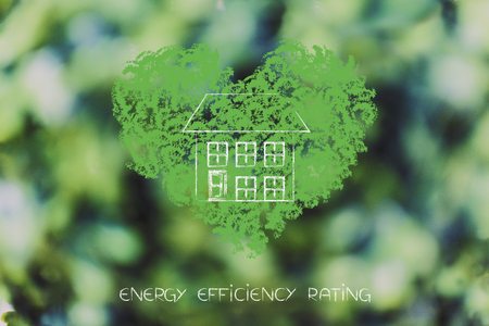 green ecological home conceptual illustration: house over heart made of leavesの写真素材