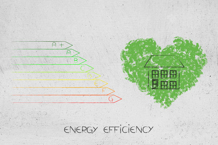 green ecological home conceptual illustration: energy efficiency rating chart next to house over heart of leavesの写真素材