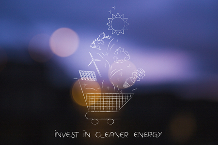 invest in cleaner energy conceptual illustration: ecology and renewable energy symbols falling into a shopping cartの写真素材
