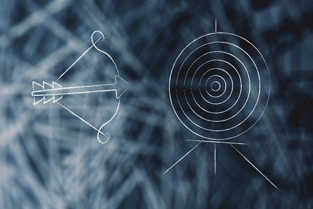 targeting the right audience conceptual marketing illustration: target with bow and arrow pointing at itの写真素材