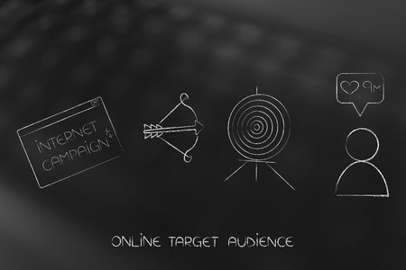 targeting the right online audience conceptual illustration: internet campaign pop-up message next to target and arrow and follower countの写真素材