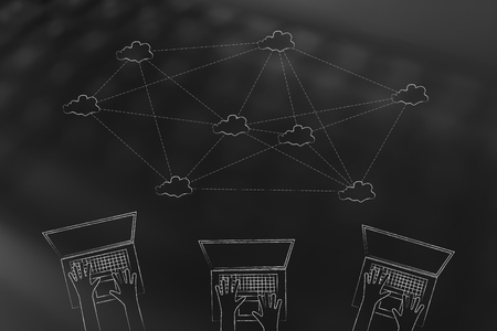 online communication and connections conceptual illustration: team of laptop users with cloud computing network above themの写真素材