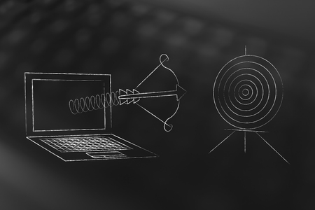 targeting the right online audience conceptual illustration: bow and arrow popping out of computer screen on spring moving towards a targetの写真素材