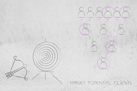 targeting the right market conceptual business illustration: target and arrow next to selection of clients out of a groupの写真素材