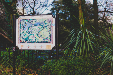 DUBLIN, IRELAND - January 6th, 2018: Saint Stephen's Green park ientrance map in Dublin city centre surrounded by greeneryのeditorial素材