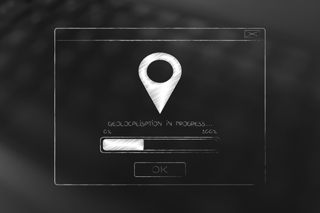 location services technology conceptual illustration: GPS icon on pop-up message with progress barの写真素材