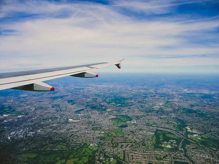 ENGLAND - June 6ht, 2014: Windows seat view over the English countryside during a Nice-London flightのeditorial素材