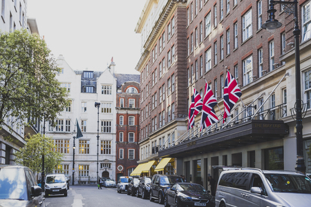 LONDON, UNITED KINGDOM - August 2nd, 2014: beautiful streets with historical buildings in Mayfair, an affluent are of London city centre featuring The May Fair hotelのeditorial素材