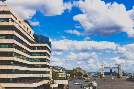 LONDON, UNITED KINGDOM - August 3rd, 2014: view of the Thames and Tower Bridge in London city centreのeditorial素材