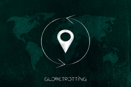 exploring the globe conceptual illustration: gps pin surrounded by Repeat sign over world map overlayの写真素材