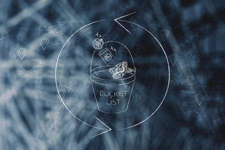 exploring the globe conceptual illustration: bucket list symbol surrounded by Repeat sign and with overlay of world map with pins の写真素材