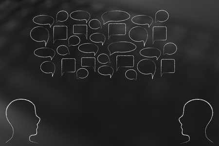 sharing ideas conceptual illustration: people facing each other with group of empty speech bubbles above themの写真素材