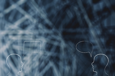sharing ideas conceptual illustration: people facing each other with empty speech bubblesの写真素材