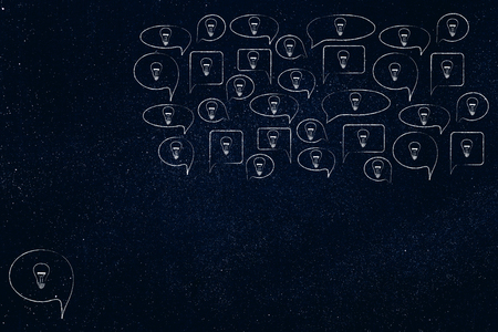 sharing ideas conceptual illustration: group of speech bubbles with light bulbs inside and a bigger one aside の写真素材