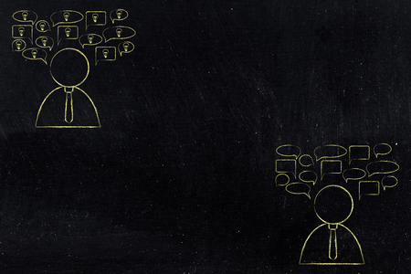 sharing ideas conceptual illustration: business men with speech bubbles, one with lightbulbs in themの写真素材