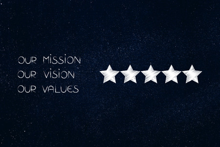 our mission, our vision, our values text next to five star rating, business concept illustration