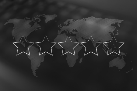 world map over unfocuse keyboard background with five star rating on top, global business and feedback conceptの写真素材