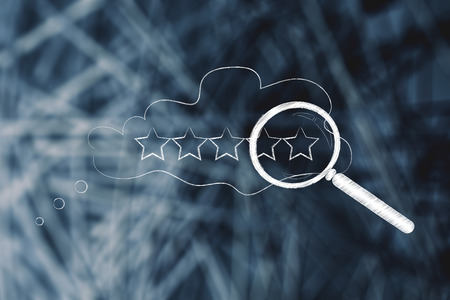 analyzing feedback conceptual illustration: thought bubble with 5 star rating and magnifying glass over itの写真素材