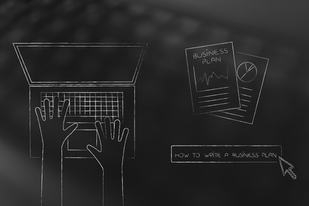 create a business strategy conceptual illustration: business plan documents next to laptopp user and with How To button with mouse clickingの写真素材