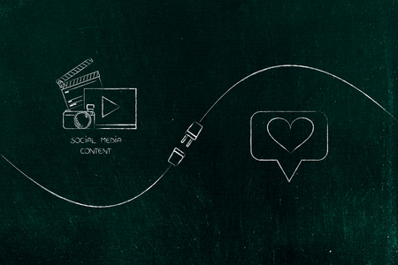 connect your social media influence with business opportunities conceptual illustration: diigital content and love icon being connected by metaphorical plugの写真素材